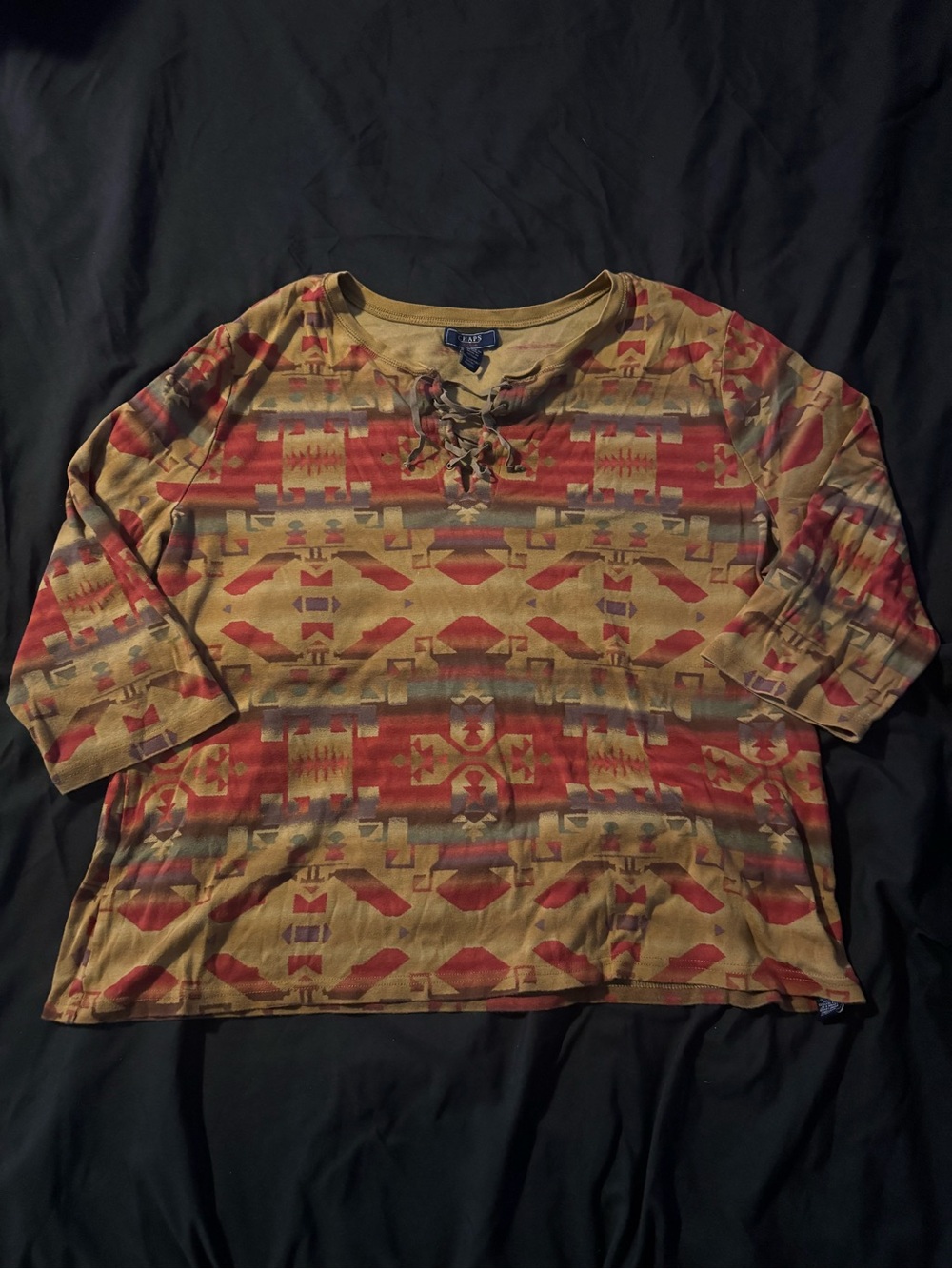Chaps Denim Aztec Print Lace-Up Women’s Top in Mustard and Rust